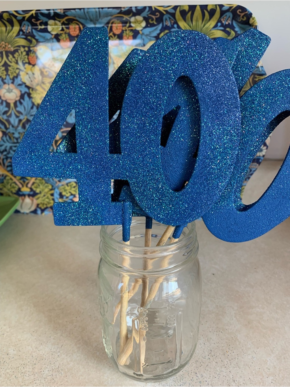 Blue Glitter "40" Centerpieces - 40th Birthday Party Decor (10 sticks)